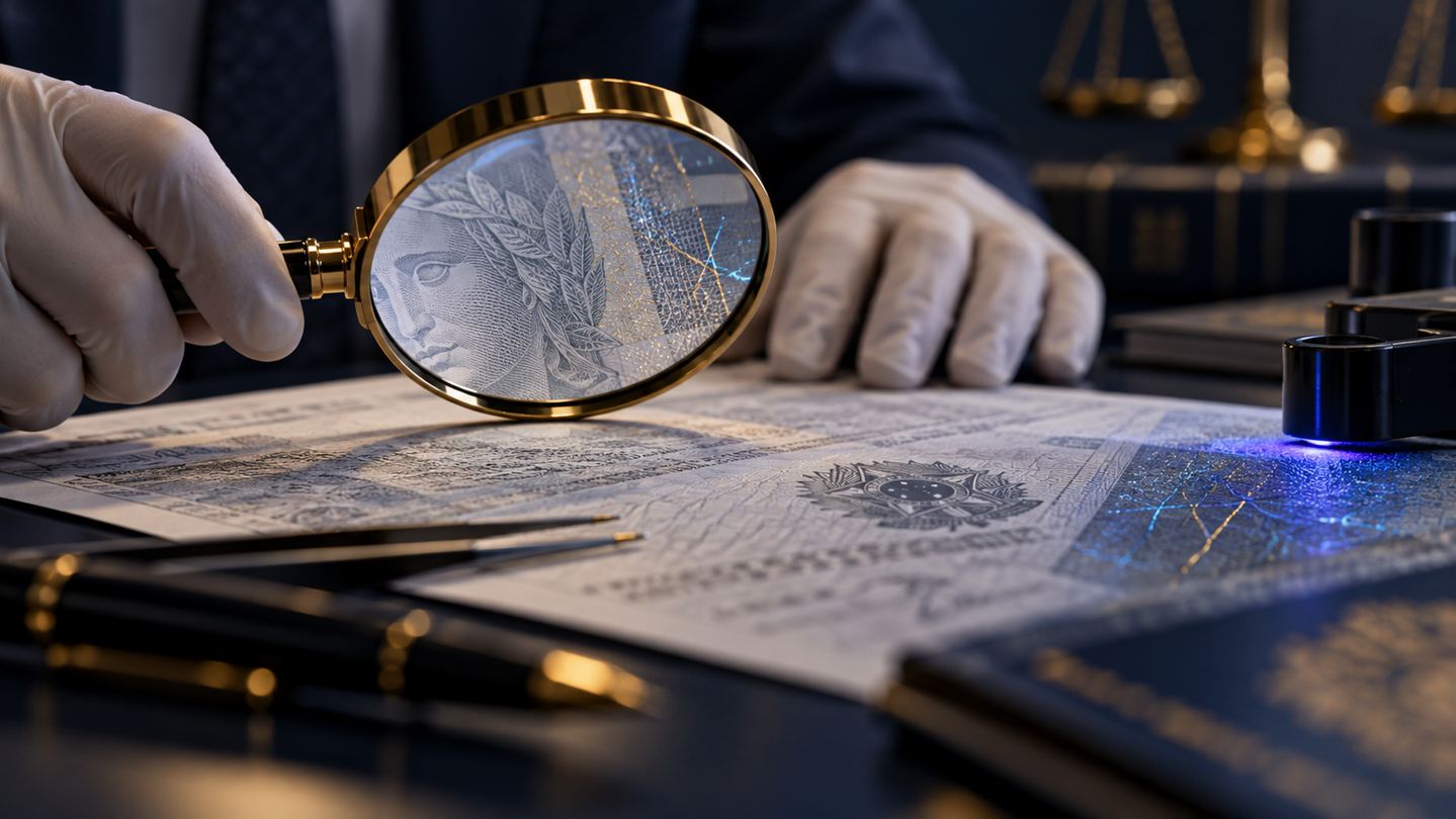 Exame ilustrativo de detalhes de segurança de documentos